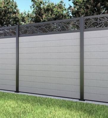 A grey aluminium slatted fence panel