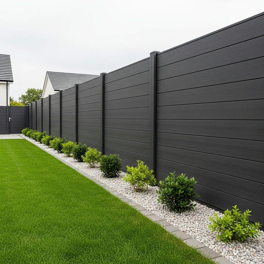 A grey composite fence with a decorative top panel